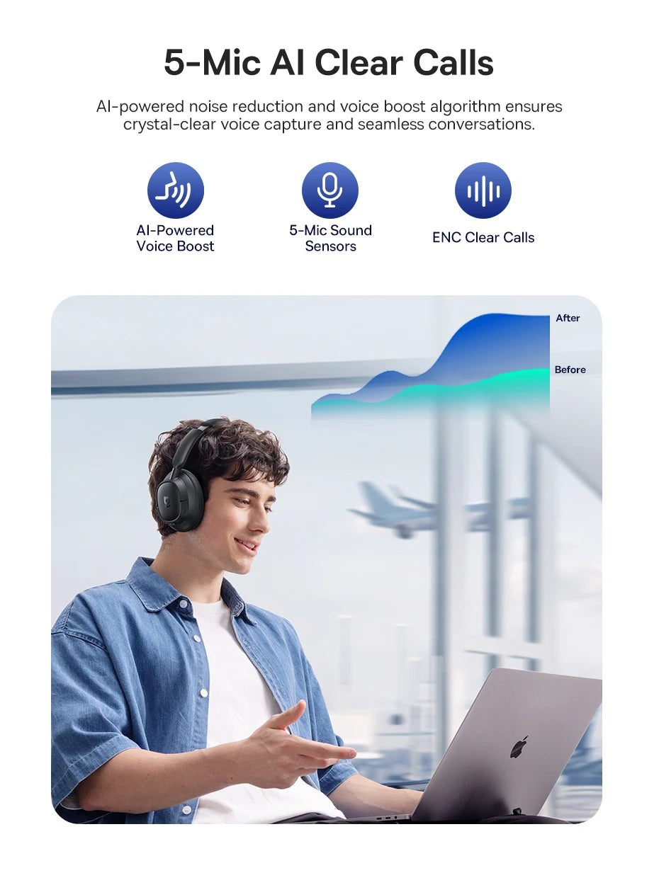 Baseus Bass Wireless Headphones Bluetooth 6.0 98% Noise Canceling Over Ear Headset Spatial Audio Earphone 80H Time