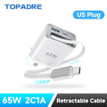 65W GaN Wall Charger with Retractable USB-C Cable, Dual-Port PD 3.0 & QC 4+ / 4.0 Fast Charging for iPhone, Galaxy, Pixel, iPad, Tablets, Nintendo Switch, AirPods