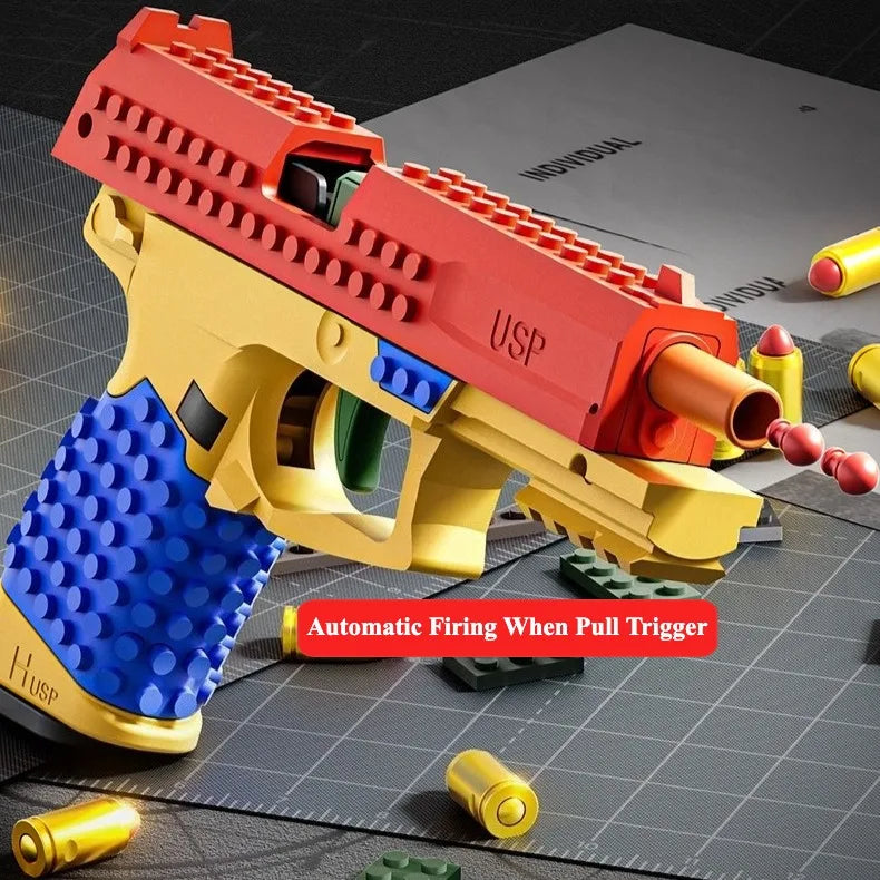SIG17/USP Building Block Toy Gun Shell Throwing Continuous Firing Airsoft Blowback Empty Hanging Toy Pistol for Outdoor CS Game