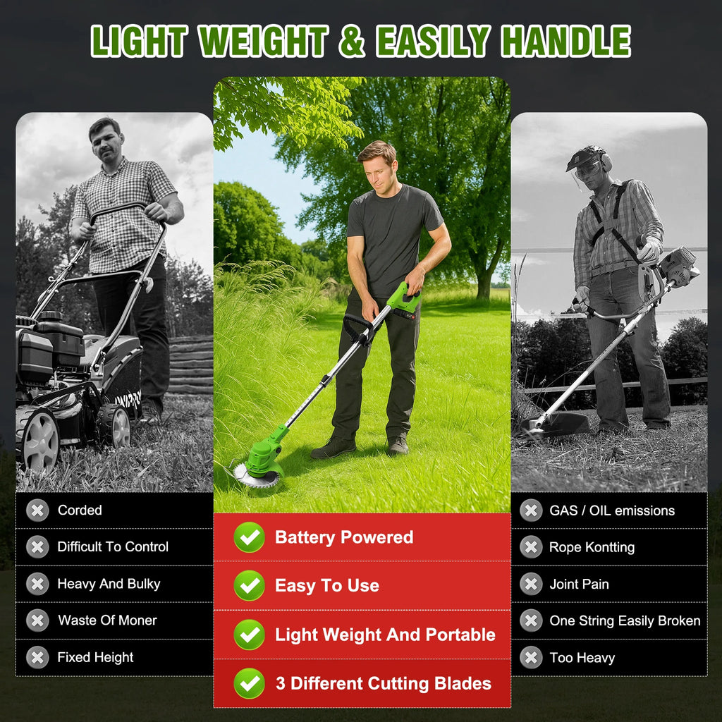 2-in-1 Cordless Electric  Lawn Mower Brushless Edger Eater Grass String Trimmer Cutter 650W 18000 RPM With 24V Two Battery Adjustable For Garden Tool