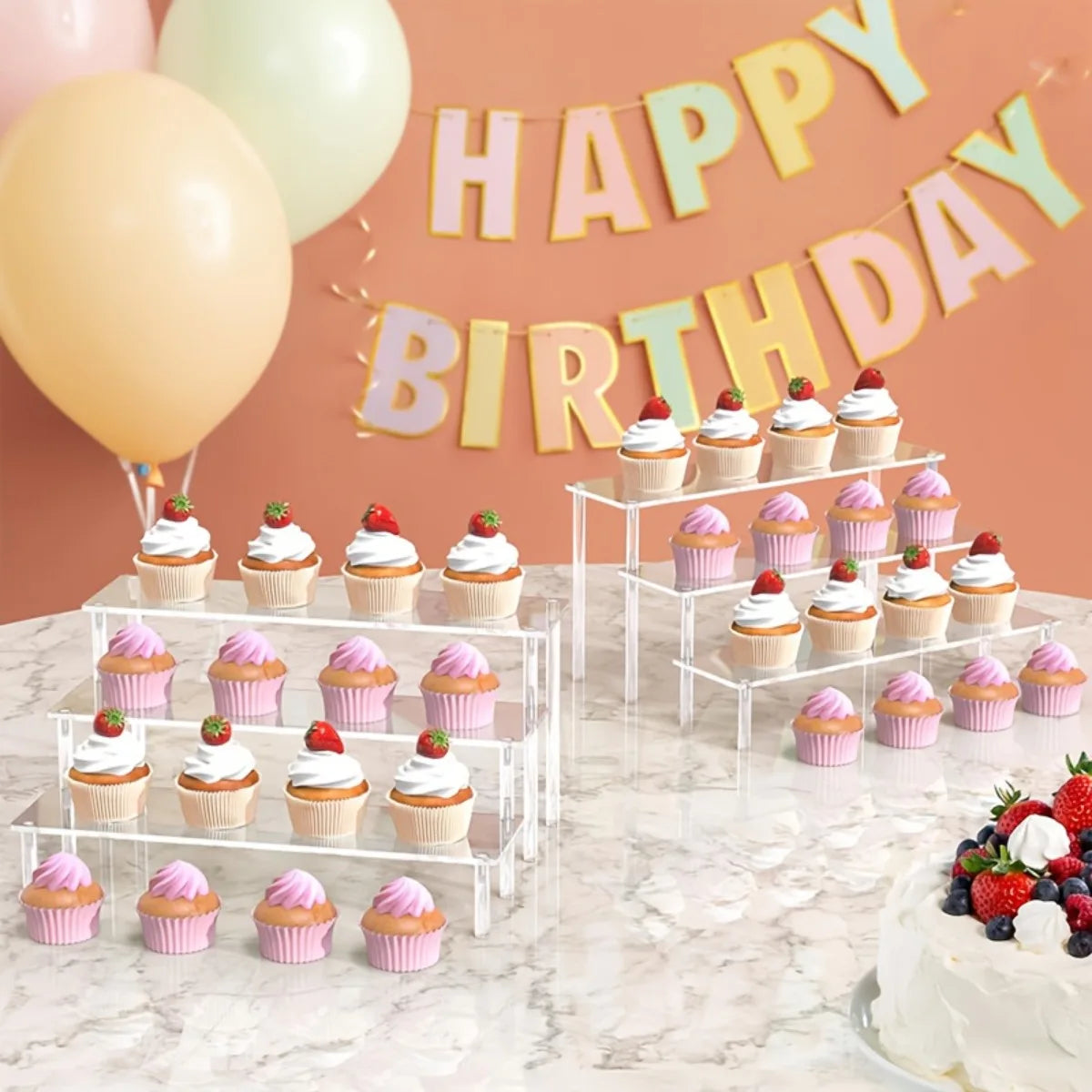 3-Tier Clear Acrylic Display Stand Jewelry Makeup Cupcake Organizer Transparent Shelf Sturdy Base Space-Saving Storage
