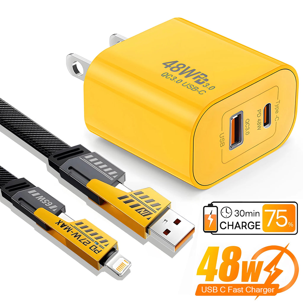 48W Fast Charger Set 4 in 1 2M USB C Cable Multi Port Wall Adapter For iPhone 17 17 Air 16 15 Pro Max Samsung Galaxy S26 S25 S24 Ultra iPad AirPods Universal Travel Power Block