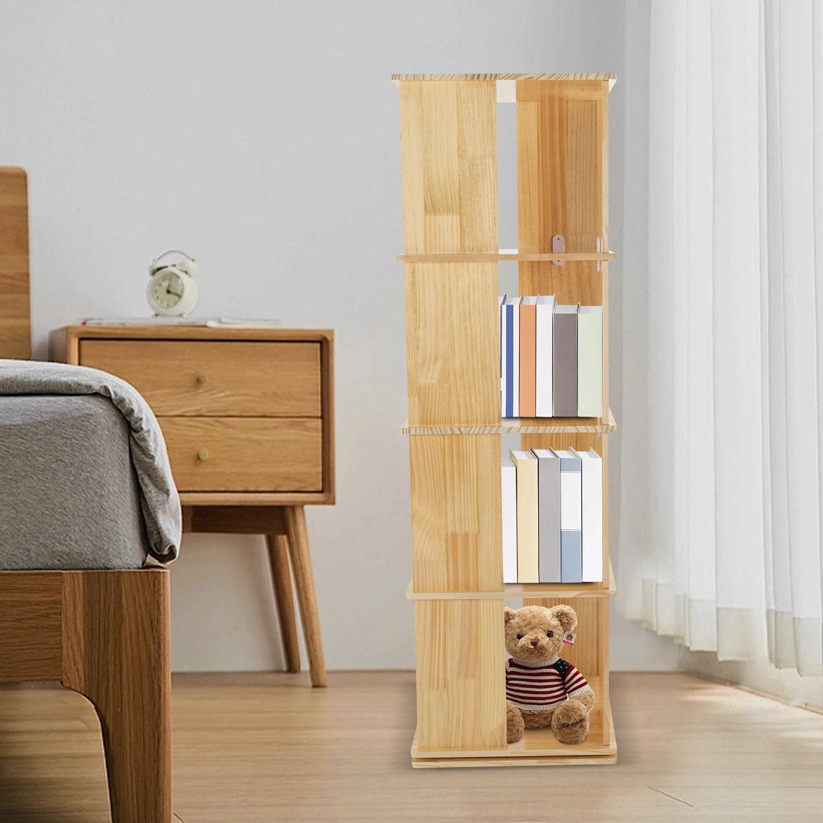4 Tiers Rotating Bookshelf 360° Revolving Bookcase Display Book Shelf 50kg Load Capacity for Living Room/Balcony/School/Church/Library/Shopping Mall