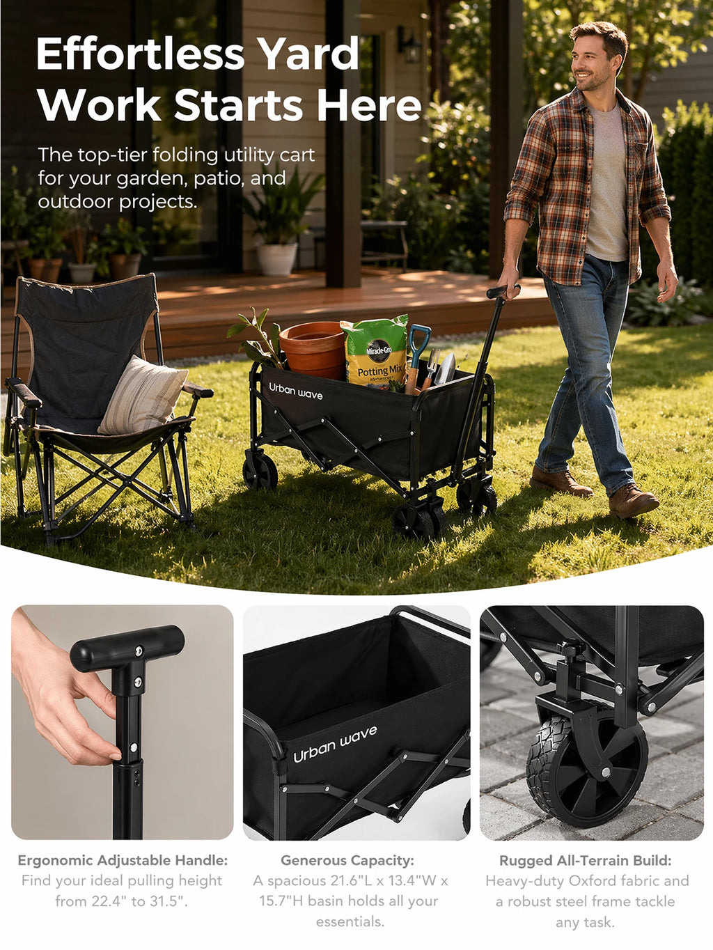 Collapsible Wagon with Wheels, 220 lbs Wagons CartsFoldable Wagon Cart with Flexible Handle, LightweightPortable Folding Utility Grocery Shopping Cart for GrocerySports Garden Camping