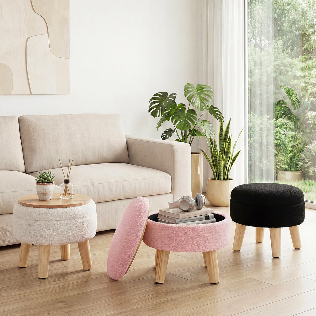 JHK Round Storage Ottoman Stool Teddy Velvet Padded Seat Footstool with Hidden Storage Wood Legs for Living Room Bedroom