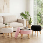 JHK Round Storage Ottoman Stool Teddy Velvet Padded Seat Footstool with Hidden Storage Wood Legs for Living Room Bedroom