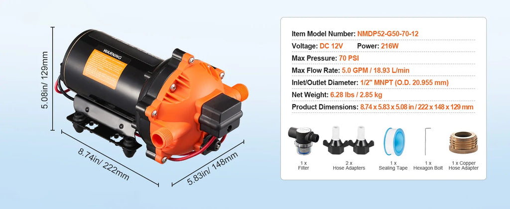 SucceBuy 12V Diaphragm Pump 1.8/3/3.5/5 GPM 3/4/5-Chamber 40-100 PSI Adjustable 1/2'' MNPT Port for RV Yacht Food Truck Camper