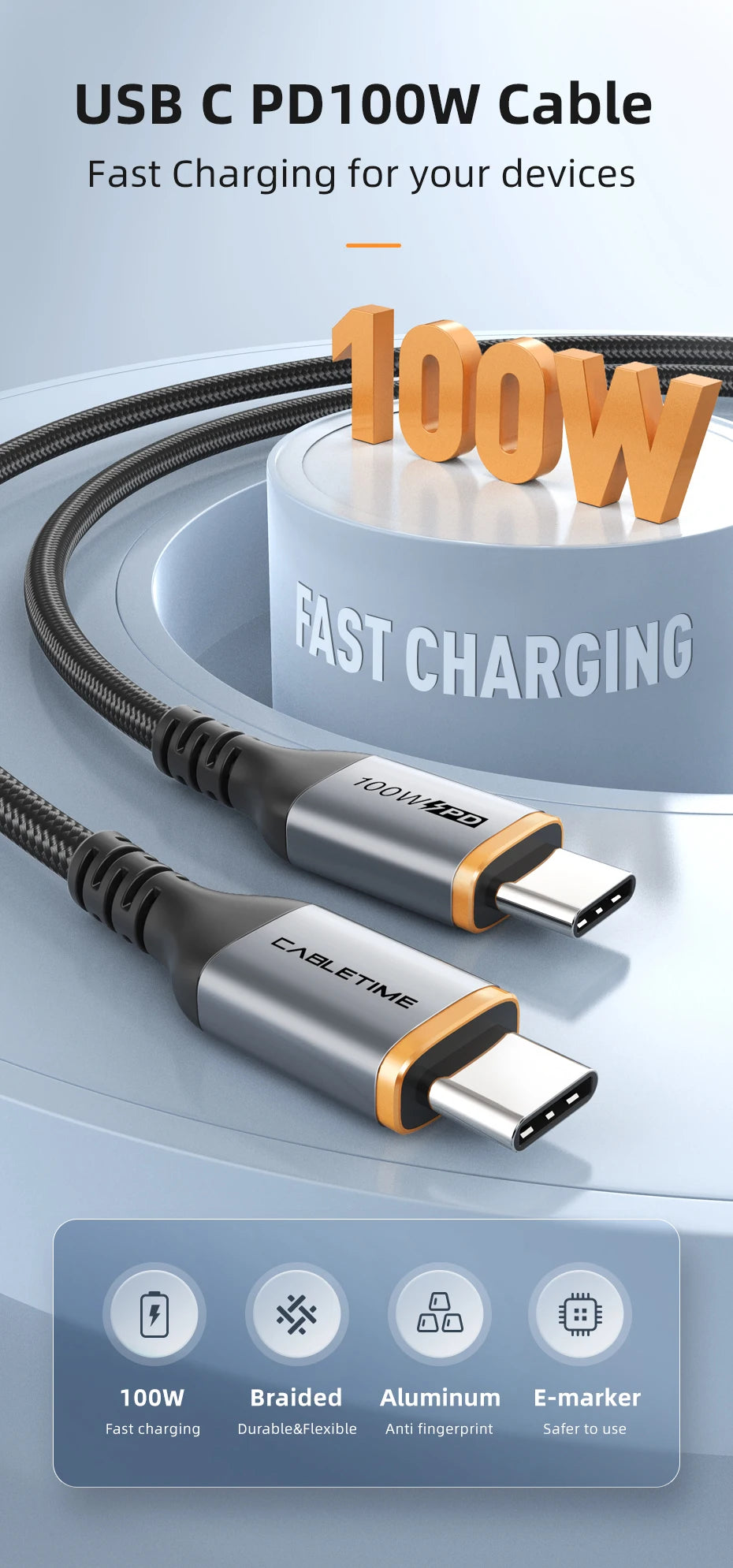 CABLETIME USB C to USB C Cable PD100W Type C Cable Alluminum Shell Braided 5A Fast Charging 480Mbps Fast Transmisson for Laptop iPhone 17