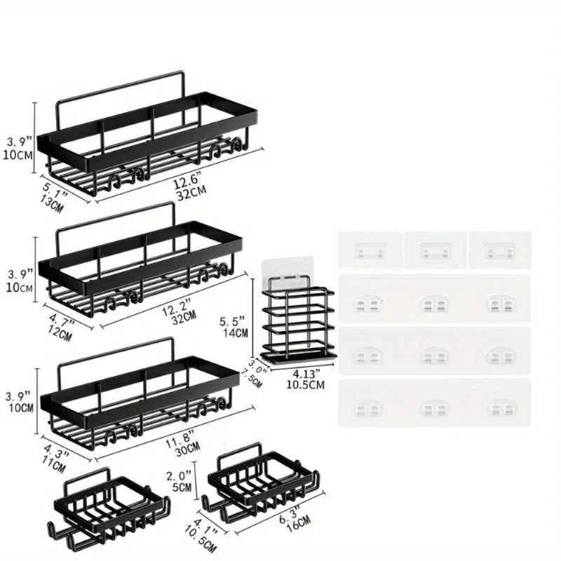 6 Pack Shower Caddy Shelf Organizer Rack, Self Adhesive Black Bathroom Shelves Basket, Bathroom Accessory Decor Set, No Drilling
