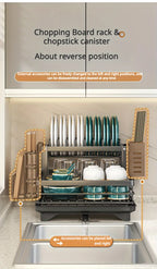 2-Tier Expandable Dish Drying Rack, Metal Kitchen Dish Rack and Drainboard Set with Knife Fork Holder & Cutting Board Organizer for Countertop