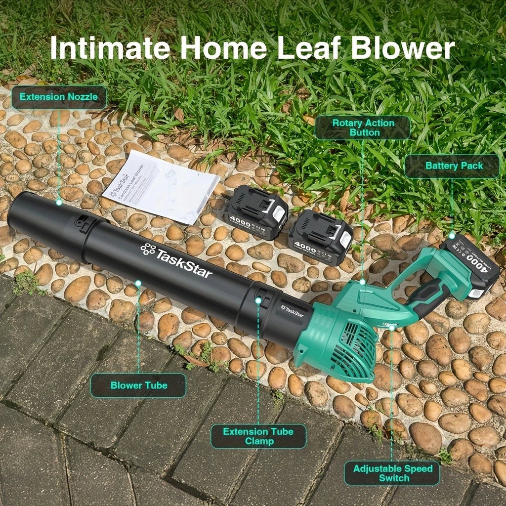 Taskstar Leaf Blower for Lawn 550CFM Electric Cordless Small Blower with Swivel Head, 2*4000mAh Battery & Charger 21V Airblower for Clean Car Patio Yard, Blowing Leaves / Dust Removal