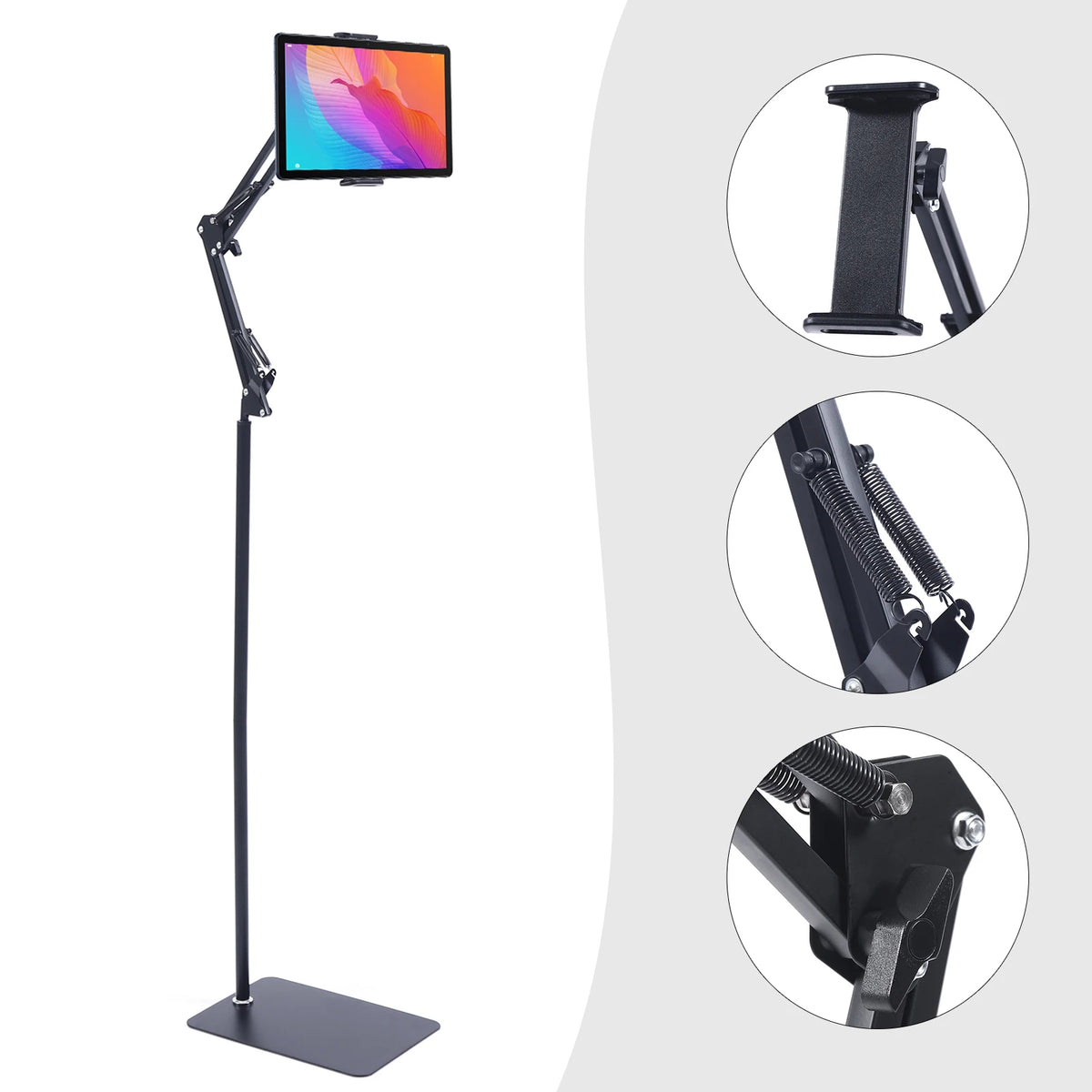 Tablet Floor Stand, 360° Swivel Adjustable Height & Angle, Heavy Duty Carbon Steel, Non-Slip Base, Portable & Foldable, Universal Holder for 12-18cm Phones & Tablets, for Home Office Kitchen Gym Bedroom, Easy Assembly