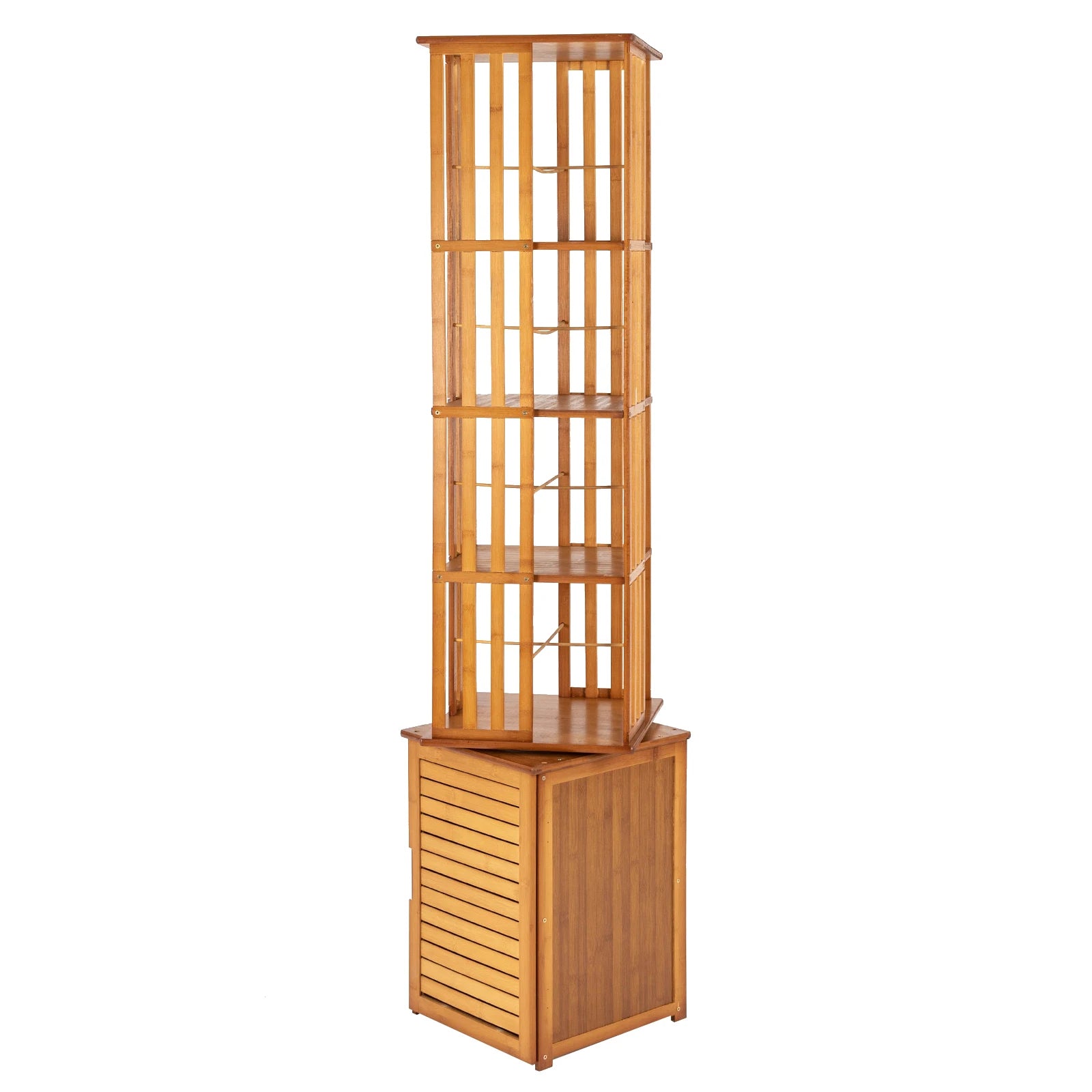 6-Tier Corner Bamboo Book Shelf Waterproof 360° Rotating Storage Display Rack Floor Standing Bookcase Shutter Door Design for Living Room Study Room Office,37*37*172cm