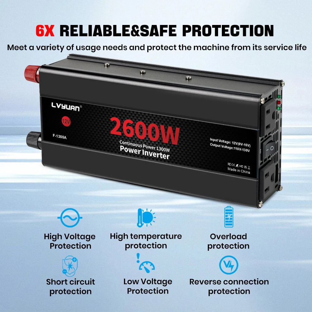Car Power Inverter 1500W 2000W 2600W 6000W DC 12V To AC 120V Transformer with Dual Socket Charge,2×3.1A USB Port.
