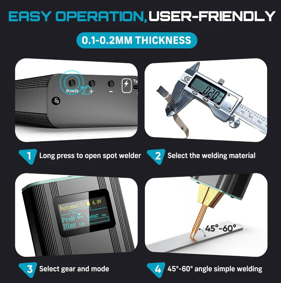 SEESII Battery Spot Welder Handheld Spot Welding Machine with Rechargeable Battery 2-in-1 Mini Battery Welder for Nickel-Plated Sheets up to 0.2mm - for Battery Pack Assembly and Repair