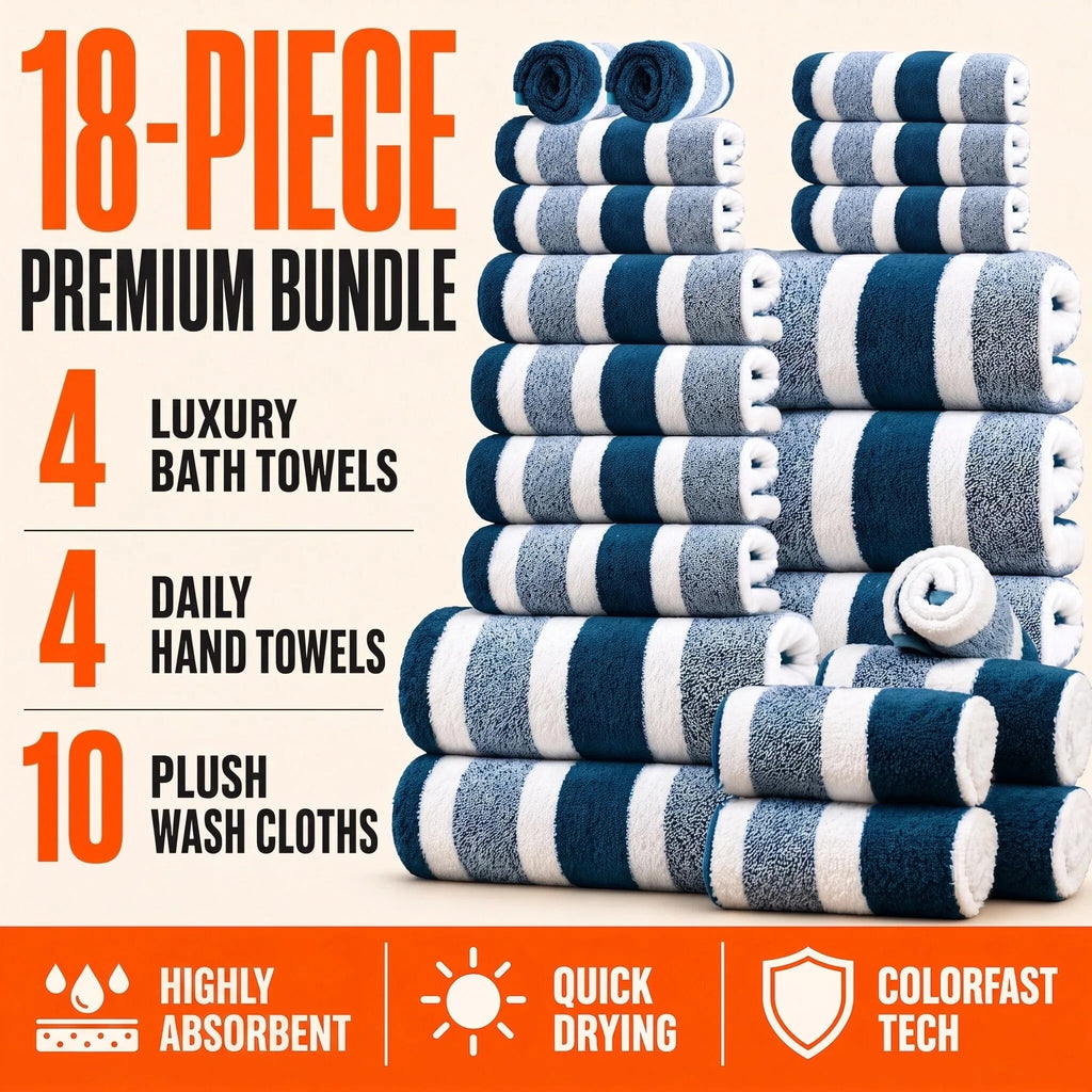 18pcs Luxury Bath Towels Set - Quick-Dry Highly Absorbent Plush Soft Coral Fleece-like Texture, Multi-Size Family Bathroom Towels with Hanging Loops (30x30cm, 70x140cm) for Home, Hotel & Spa - Navy & Striped Design, Durable &