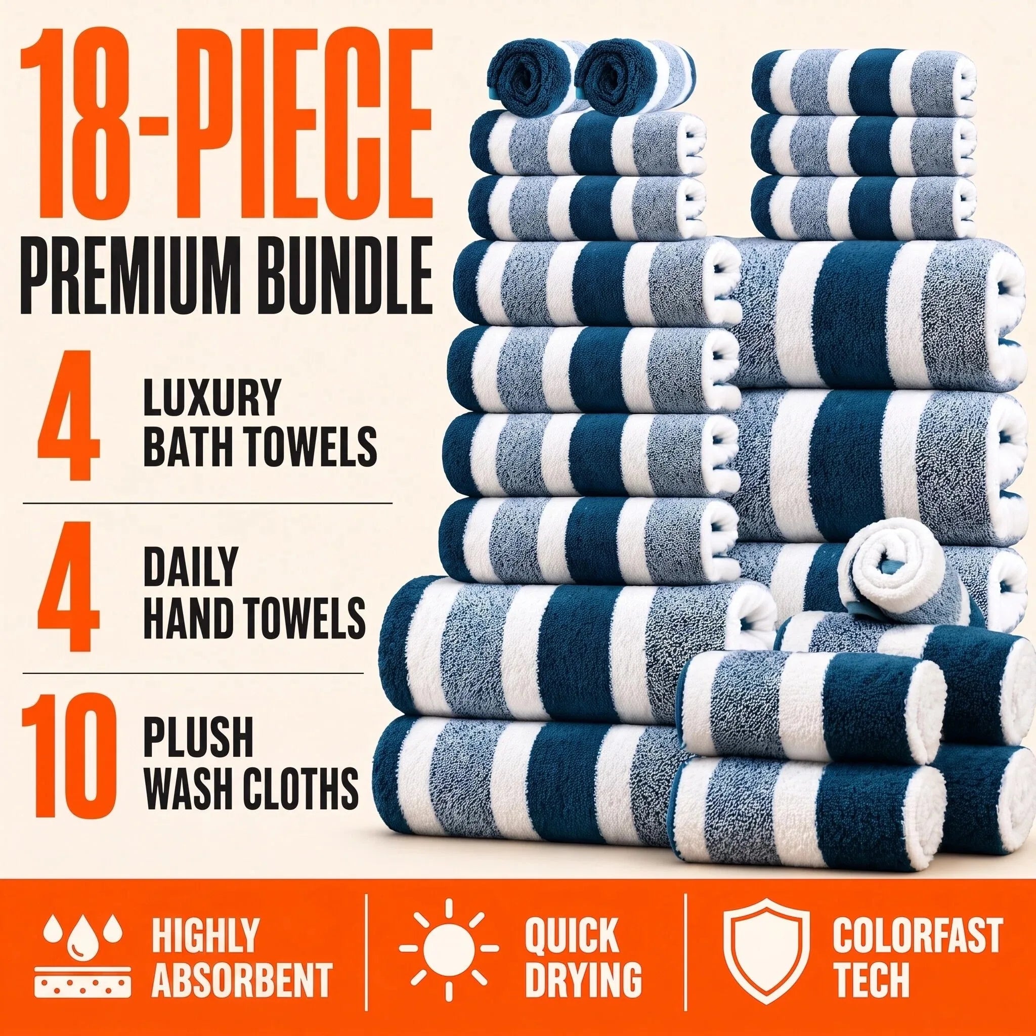 18pcs Luxury Bath Towels Set - Quick-Dry Highly Absorbent Plush Soft Coral Fleece-like Texture, Multi-Size Family Bathroom Towels with Hanging Loops (30x30cm, 70x140cm) for Home, Hotel & Spa - Navy & Striped Design, Durable &