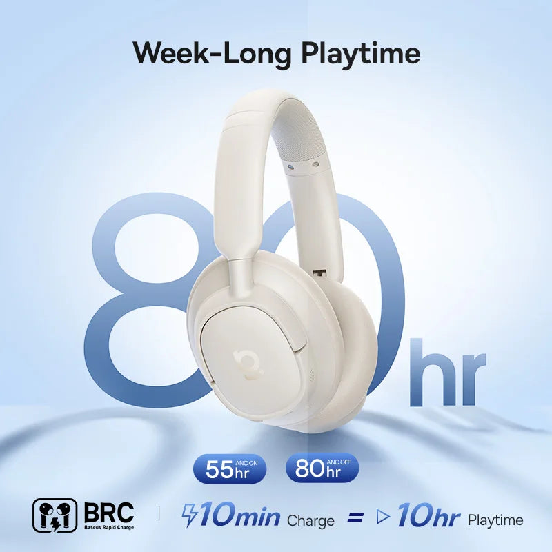 Baseus Bass Wireless Headphones Bluetooth 6.0 98% Noise Canceling Over Ear Headset Spatial Audio Earphone 80H Time