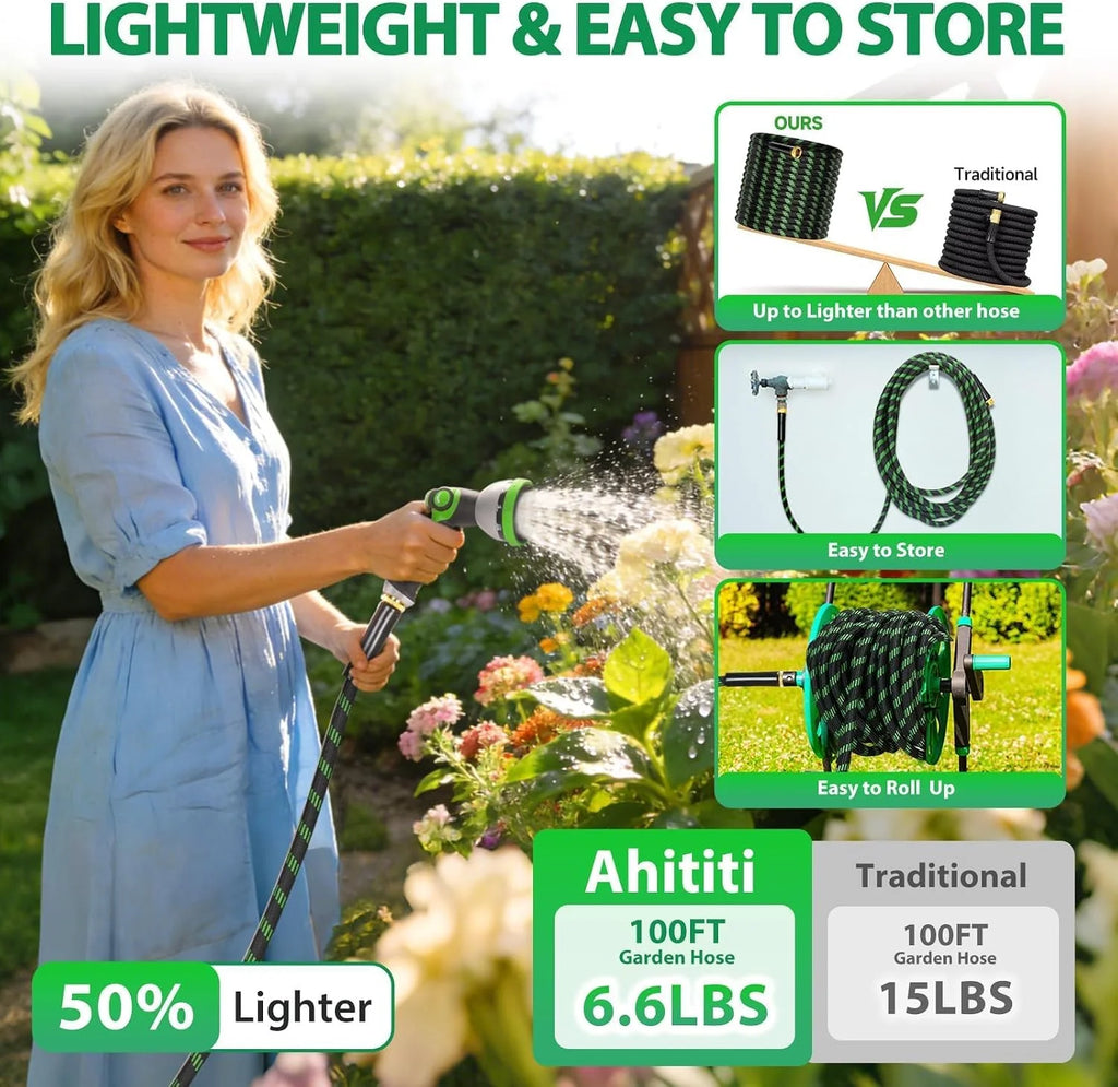 Upgraded Version of 100 Foot Non Retractable Garden Hose, Equipped with 10 Spray Mode Nozzles, lightweight and Flexible, anti Winding, with 3/4 inch Brass Joint, Explosion-Proof and Durable, Suitable for Outdoor Courtyards, L