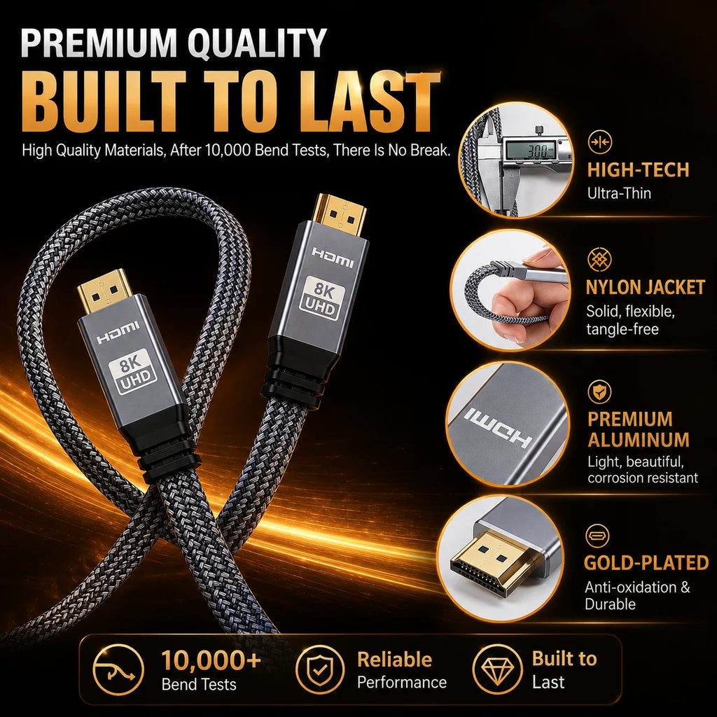 8K HDMI 2.1 Cable, 48Gbps Flat Braided HDMI Cord, Supports 8K60Hz and 4K120Hz, Aluminum Alloy Shell for TV, Monitor, Projector