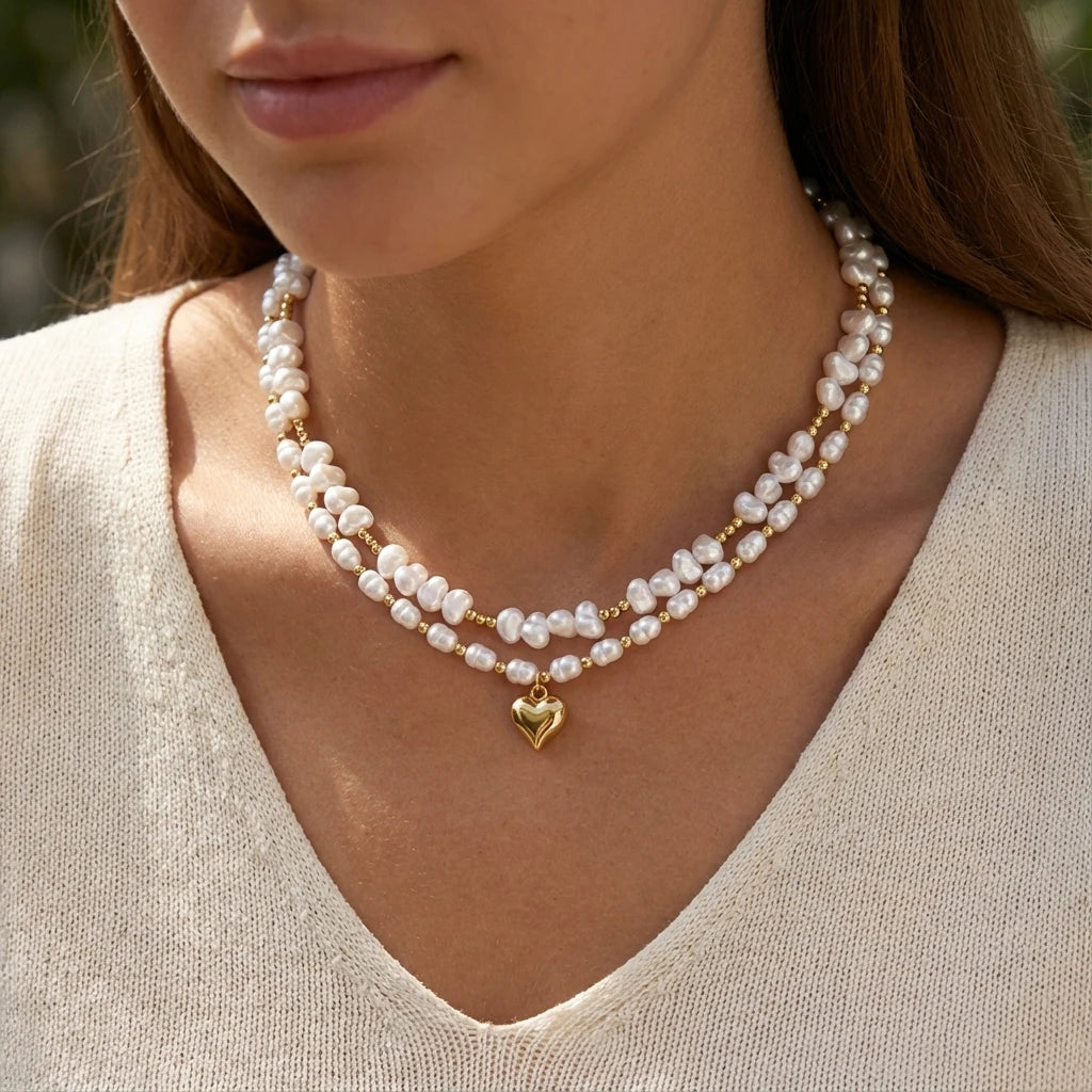Rinhoo Double Layer Imitation Pearl Choker Necklace for Women Elegant Heart Pendant Necklace Versatile Jewelry Gift