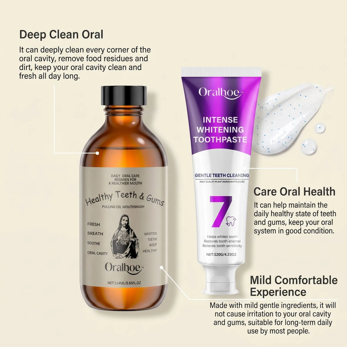 Oralhoe BrighteningToothpaste & Pulling Oil Mouthwash Set Stain Removal Fresh Breath Enamel Care Deep Clean for Daily Oral Care