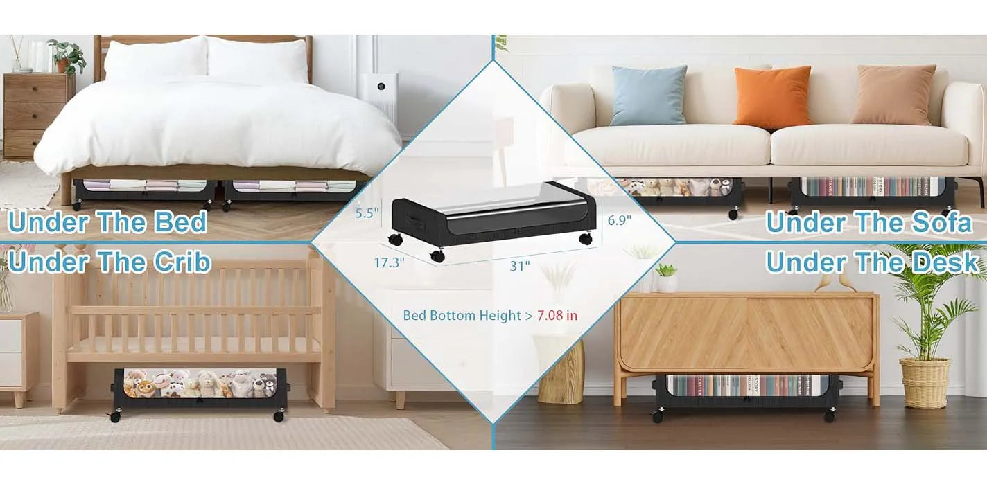 Under Bed Storage With Wheels, 2-Pack 48L Each Under The Bed Storage Containers With Clear Lids & Label, Underbed Storage Bins