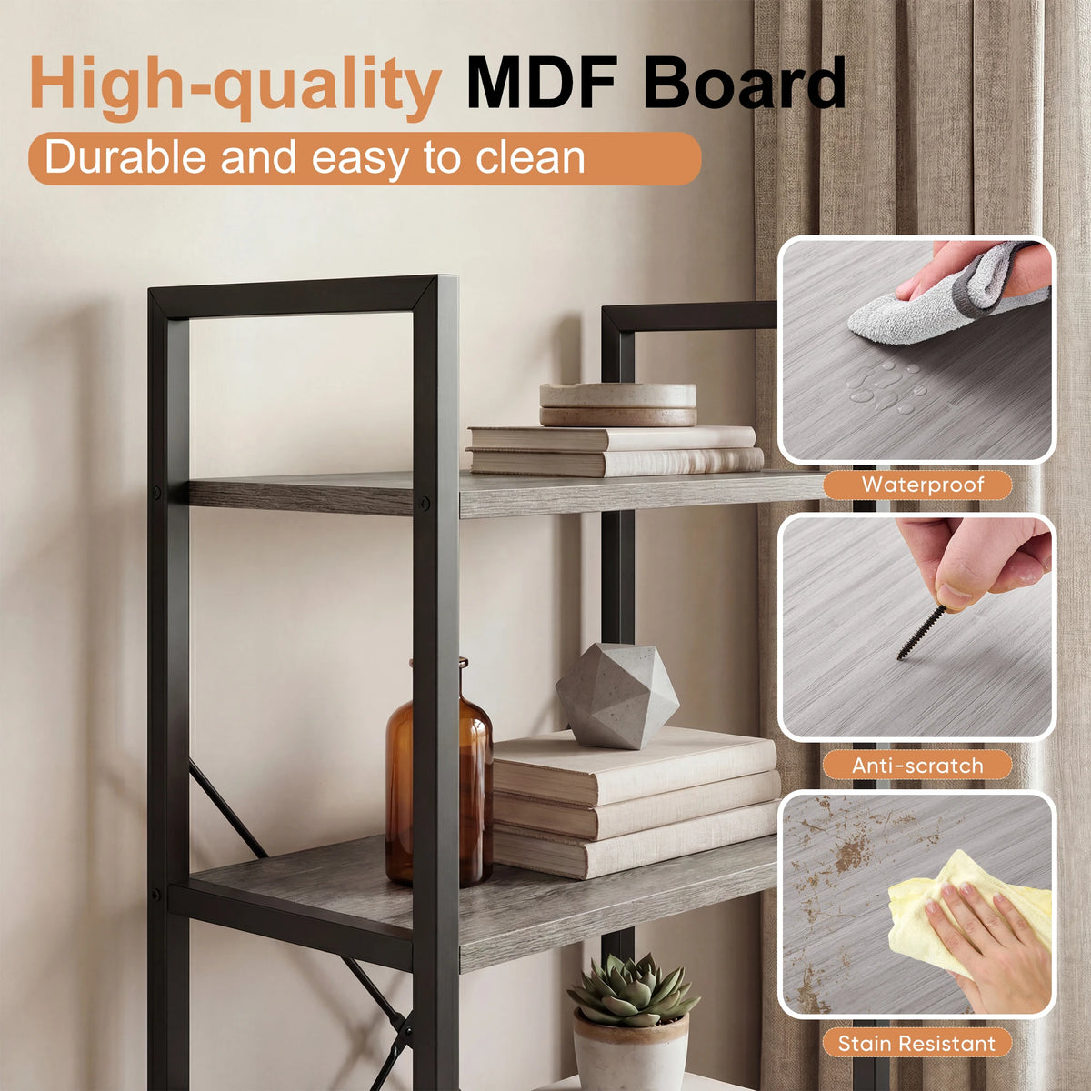MCQ 4Tiers Metal Classic Bookshelf Freestanding Tall Display Shelf Wooden Storage Tall Display Shelves Bookshelf Sturdy Structure Graduated Shelves Adjustable Feet for Home