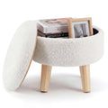 JHK Round Storage Ottoman Stool Teddy Velvet Padded Seat Footstool with Hidden Storage Wood Legs for Living Room Bedroom
