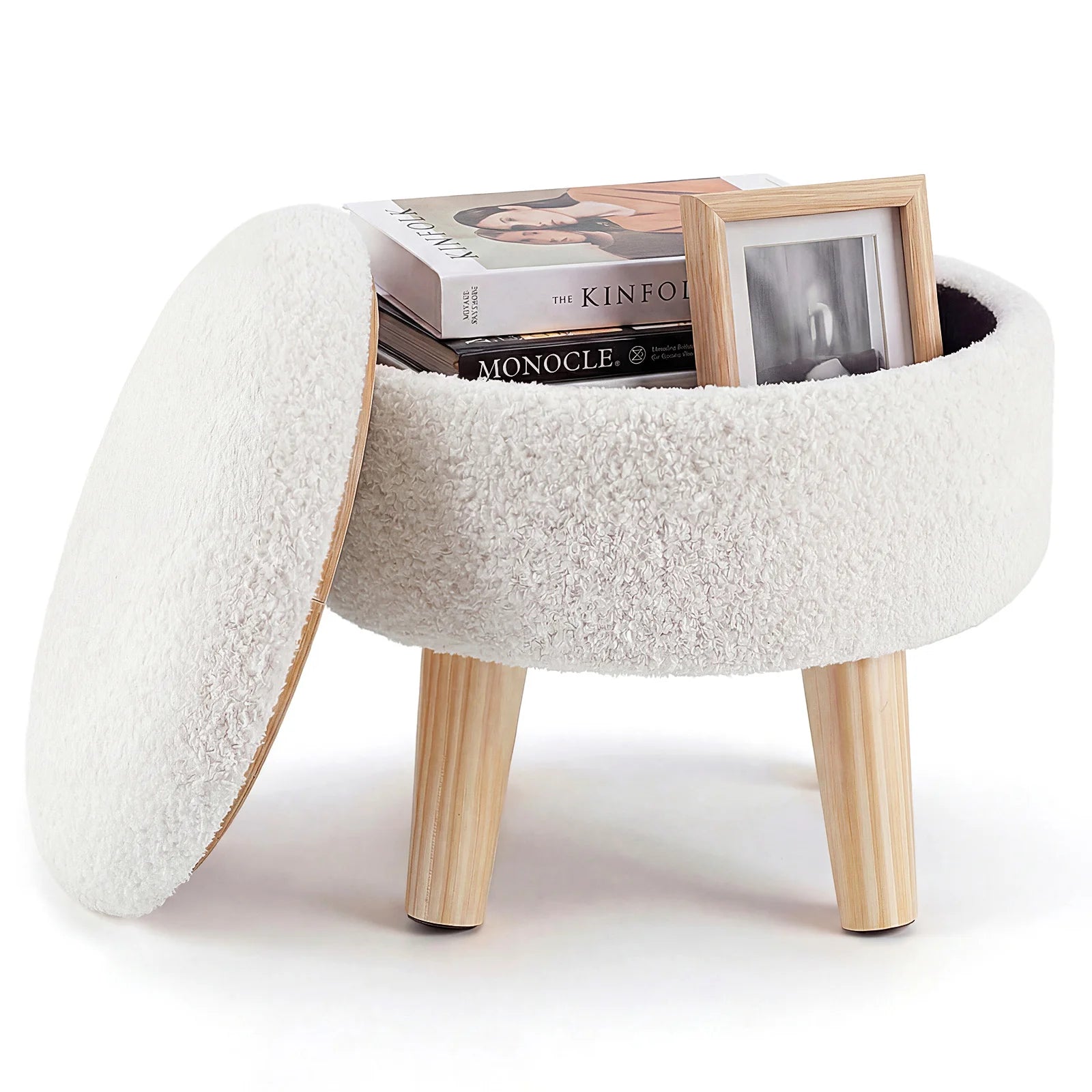 JHK Round Storage Ottoman Stool Teddy Velvet Padded Seat Footstool with Hidden Storage Wood Legs for Living Room Bedroom