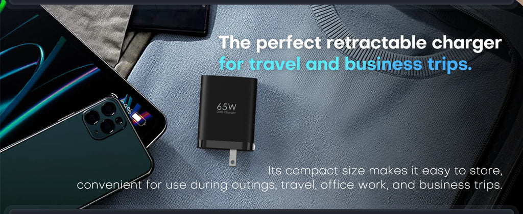 65W GaN Wall Charger with Retractable USB-C Cable, Dual-Port PD 3.0 & QC 4+ / 4.0 Fast Charging for iPhone, Galaxy, Pixel, iPad, Tablets, Nintendo Switch, AirPods