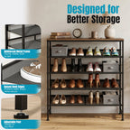 JHK 5-Tier Metal Shoe Storage Cabinet Free Standing Storage Organizer Holds 16-20 Pairs for Closet Shoe Storage Shelf with Adjustable Mesh Shelves and Wooden Top for Space Saving Cabinet Home