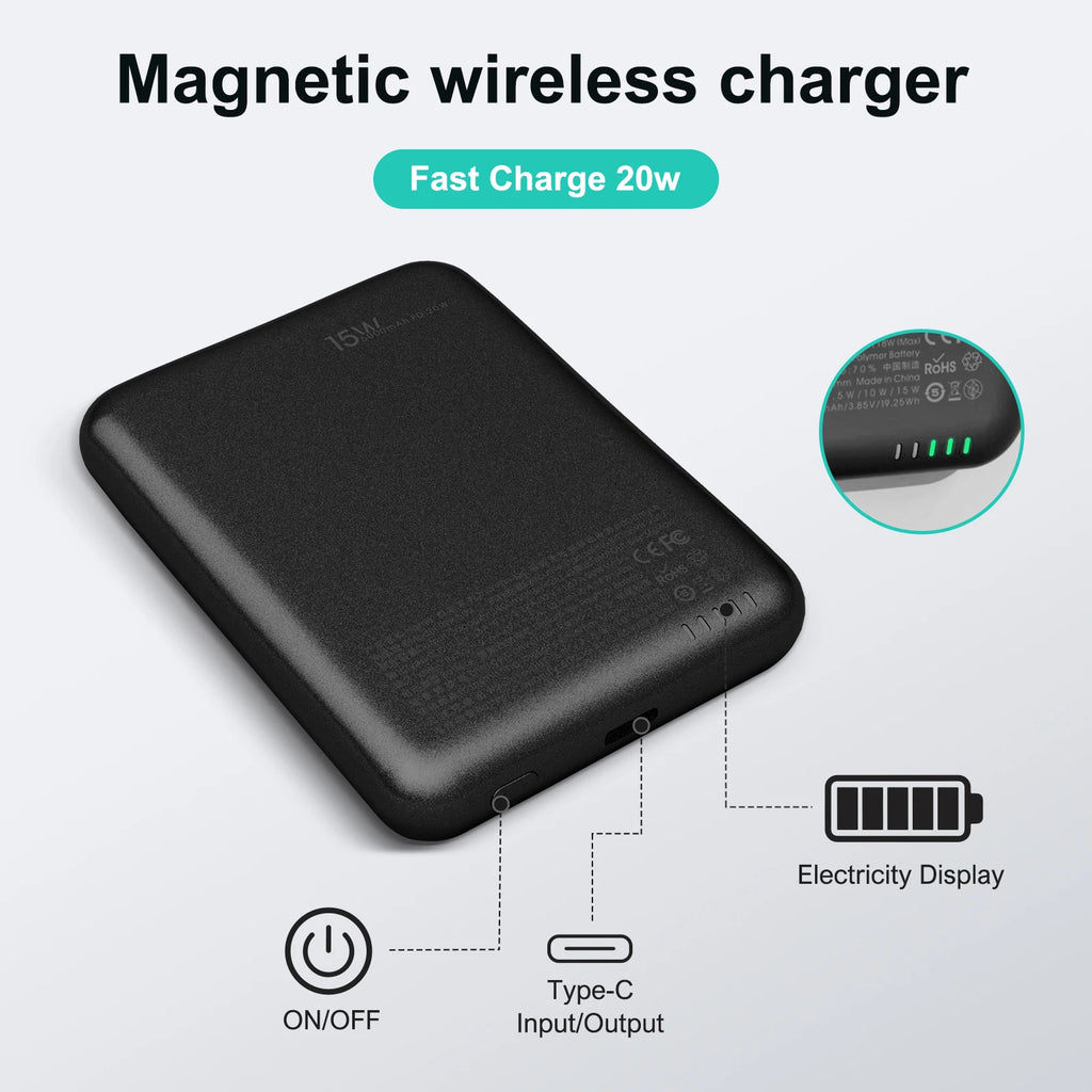 Magnetic Power Bank Portable 5000mAh Wireless Charger 20W With USB-C Cable For IPhone 16/15/14/13/12 Pro/Pro Max/Plus/Mini