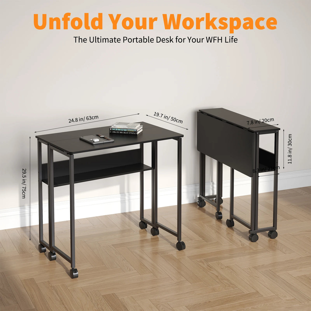 Compact 25" Folding Desk with Wheels Storage Shelf Foldable Computer Table for Small Spaces Home Office Dorm Sturdy Iron Frame Easy Assembly Natural Oak/White/Black