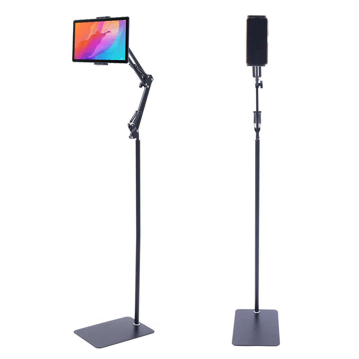 Tablet Floor Stand, 360° Swivel Adjustable Height & Angle, Heavy Duty Carbon Steel, Non-Slip Base, Portable & Foldable, Universal Holder for 12-18cm Phones & Tablets, for Home Office Kitchen Gym Bedroom, Easy Assembly