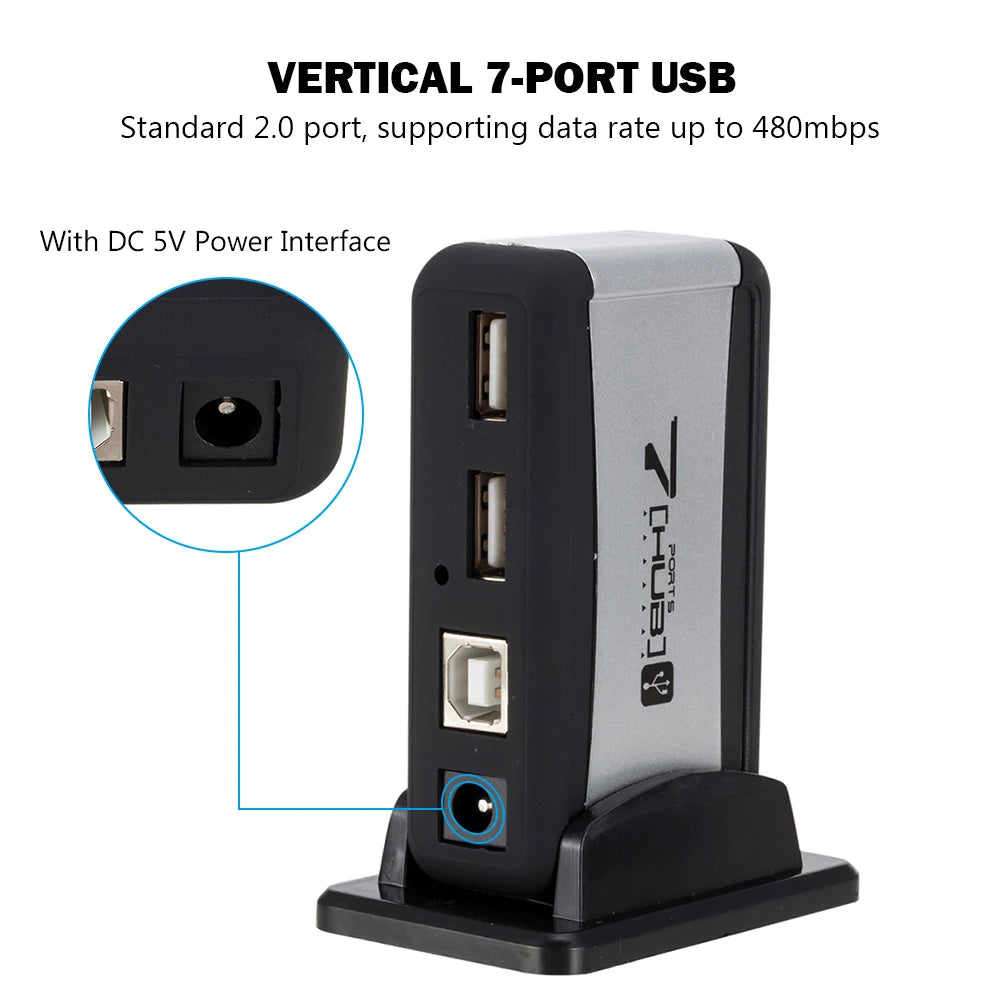 EU/US Plug USB Hub 7 Ports Splitter USB 2.0 Plug and Play Support 1.5/12/480Mbps with Power Adapter for PC Computer and Laptop