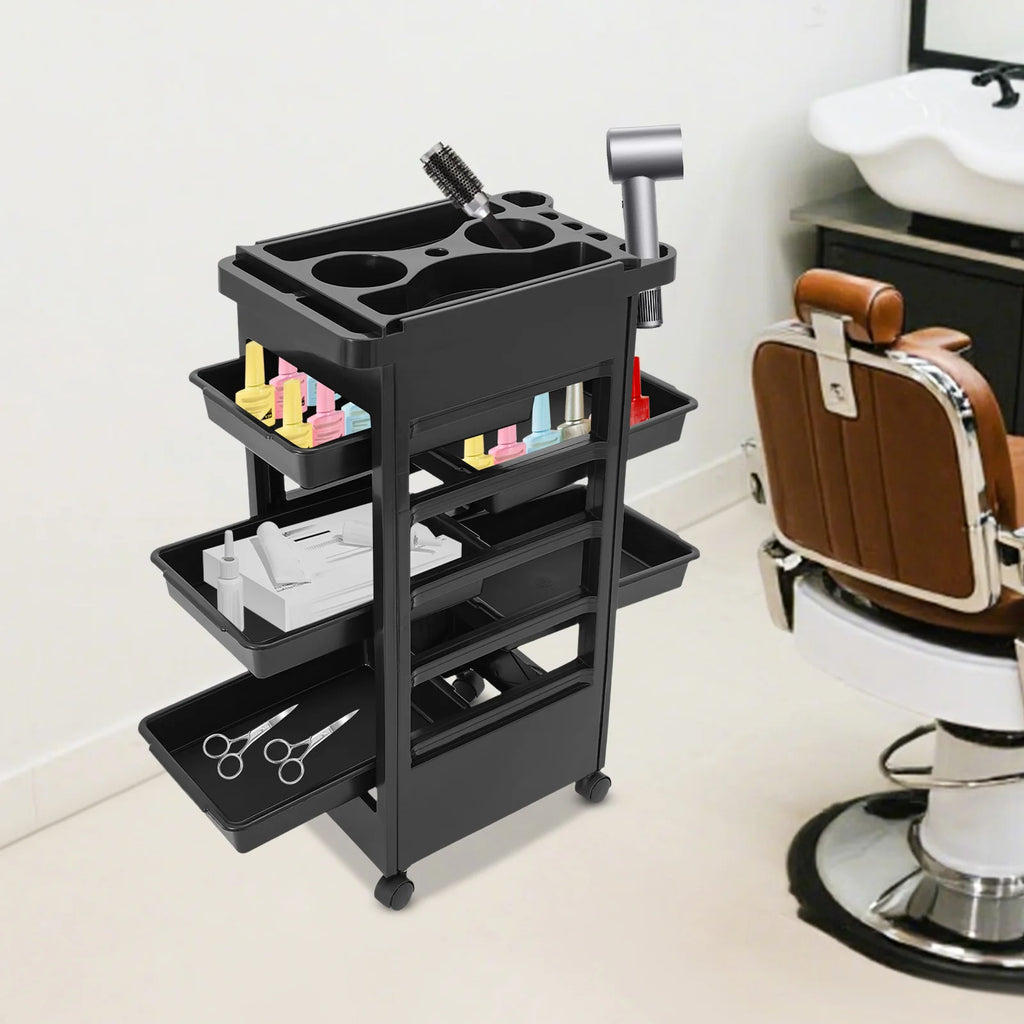 Salon Trolley Cart with Wheels and 5 Drawers, Multipurpose Beauty Cart, Hairdressing Rolling Cart for Barbershop Beauty Spa, Black
