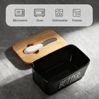 1 Set Of Ceramic Butter Dish With Bamboo Lid And Built-In Knife Butter Keeper With Double Silicone Sealing Ring Kitchen