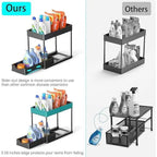 2 Tier Sliding Under Sink Organizer with 5 Side Hooks and 3 Detachable Hanging Baskets,Pull Out Rustproof Metal Storage Rack,Tool Free Assembly,Multi Scene Space Saving Shelf for Kitchen,Bathroom,Laundry Room,Pantry,Apartment