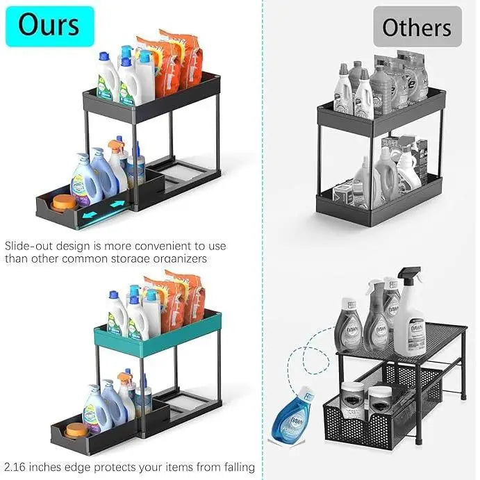 2 Tier Sliding Under Sink Organizer with 5 Side Hooks and 3 Detachable Hanging Baskets,Pull Out Rustproof Metal Storage Rack,Tool Free Assembly,Multi Scene Space Saving Shelf for Kitchen,Bathroom,Laundry Room,Pantry,Apartment