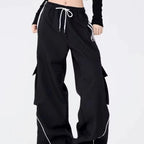 Y2K Black Striped Women Cargo Pants Korean Fashion Wide Leg Baggy Trousers Streetwear Autunm Harajuku Hip Hop Oversized Loose