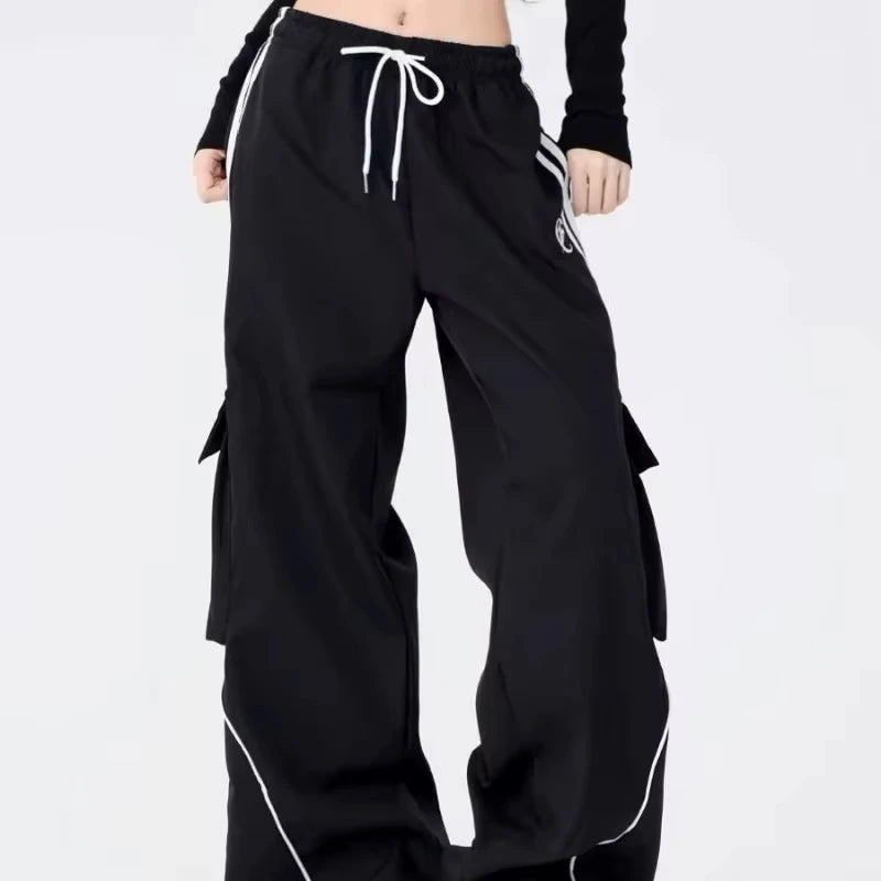 Y2K Black Striped Women Cargo Pants Korean Fashion Wide Leg Baggy Trousers Streetwear Autunm Harajuku Hip Hop Oversized Loose