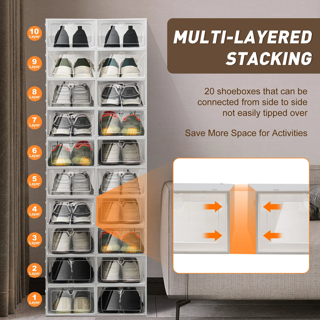 20Pcs Foldable Flip Shoe Storage Boxes Clear Plastic Shoes Case Shoe Organizer Dustproof, 33*23*14cm