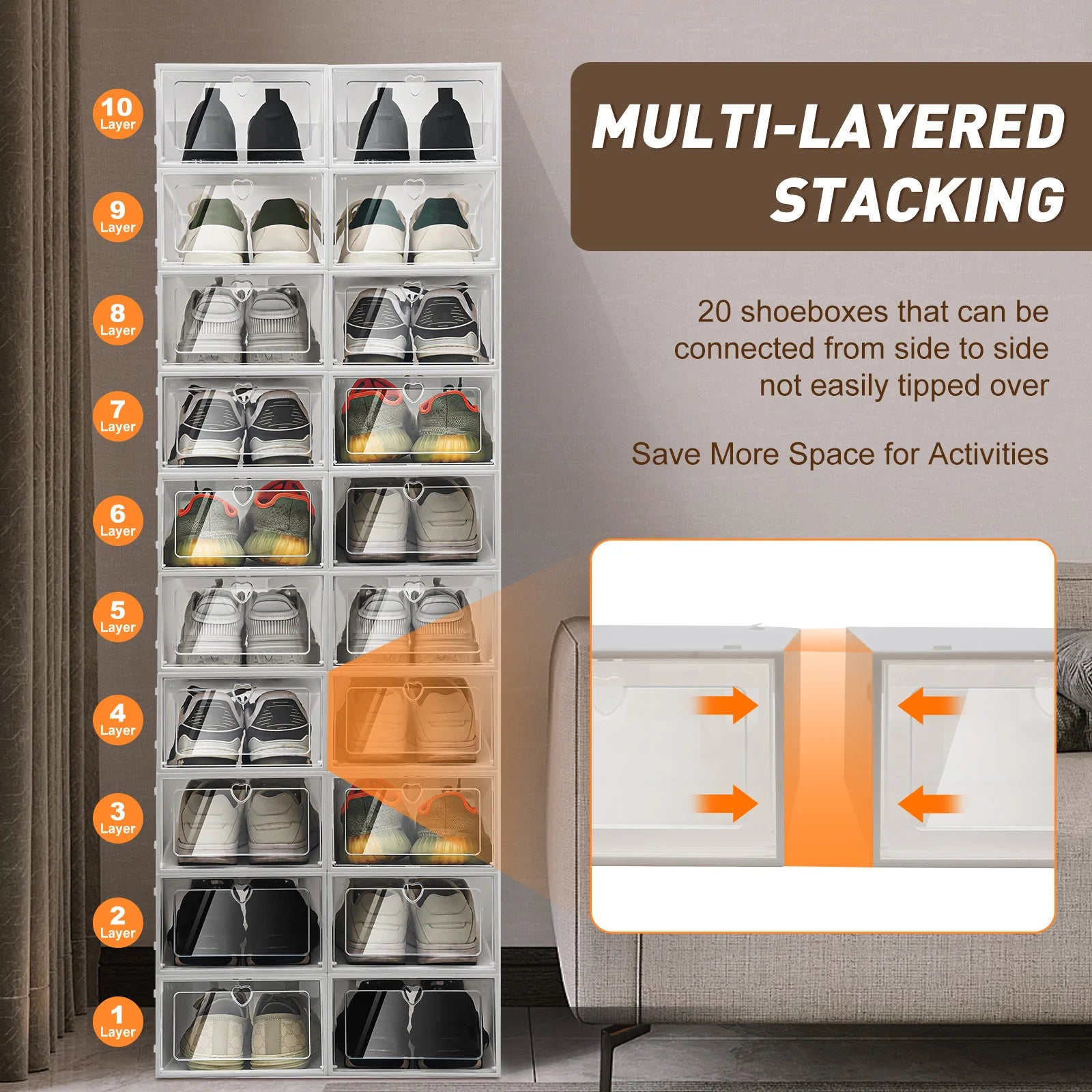 20Pcs Foldable Flip Shoe Storage Boxes Clear Plastic Shoes Case Shoe Organizer Dustproof, 33*23*14cm