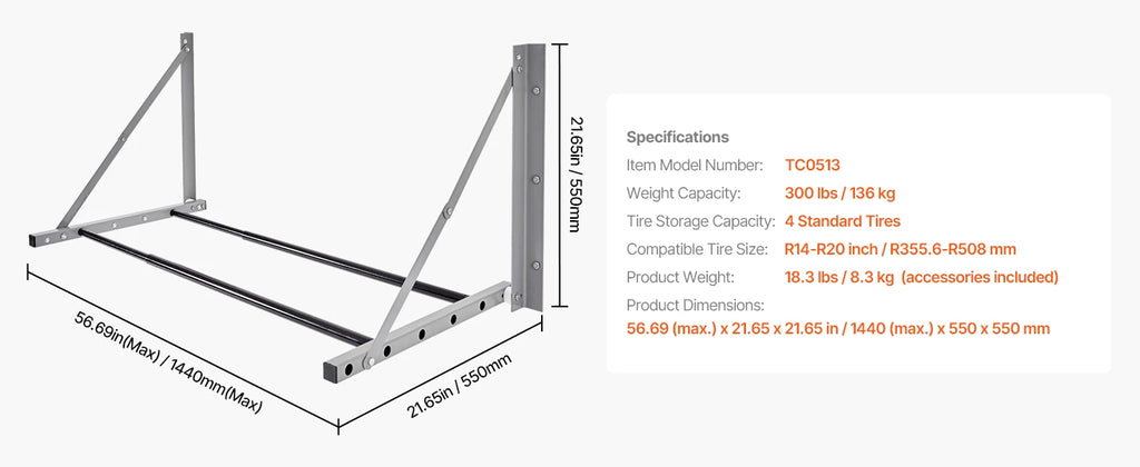 SucceBuy Wall Mounted Folding Tire Rack, 32" - 48" Adjustable Tire Rack, Steel Tire Storage Rack for Garage Workshop Repair Shop