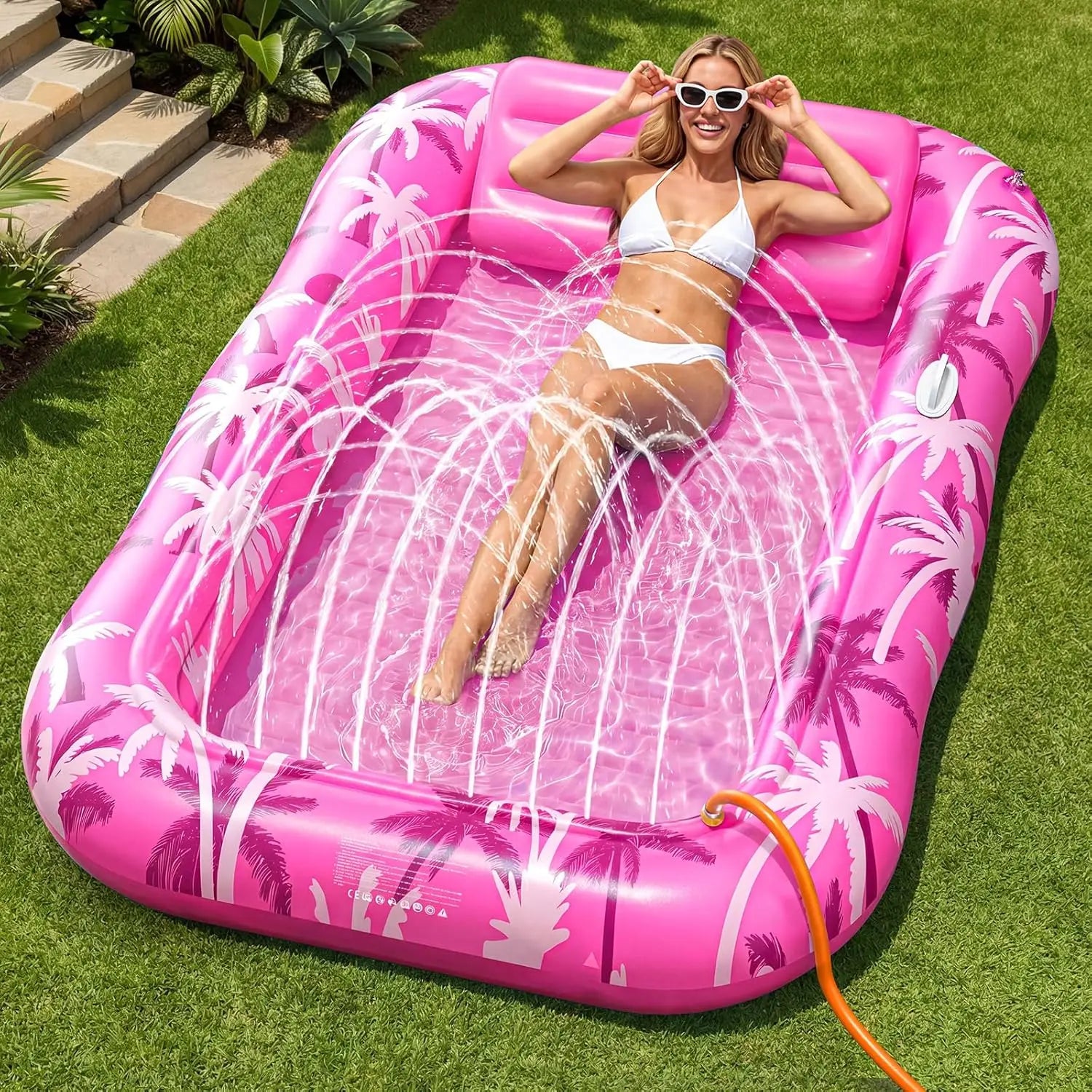 Inflatable Tanning Pool Lounger Float with Sprinkler, X-Large Pool Floats with Auto Spray Cooling, 6 in 1 Sunbathing Lounge Floatie Raft Toys, Blow Up Pool Tanning Bed for Adults Kids Gifts