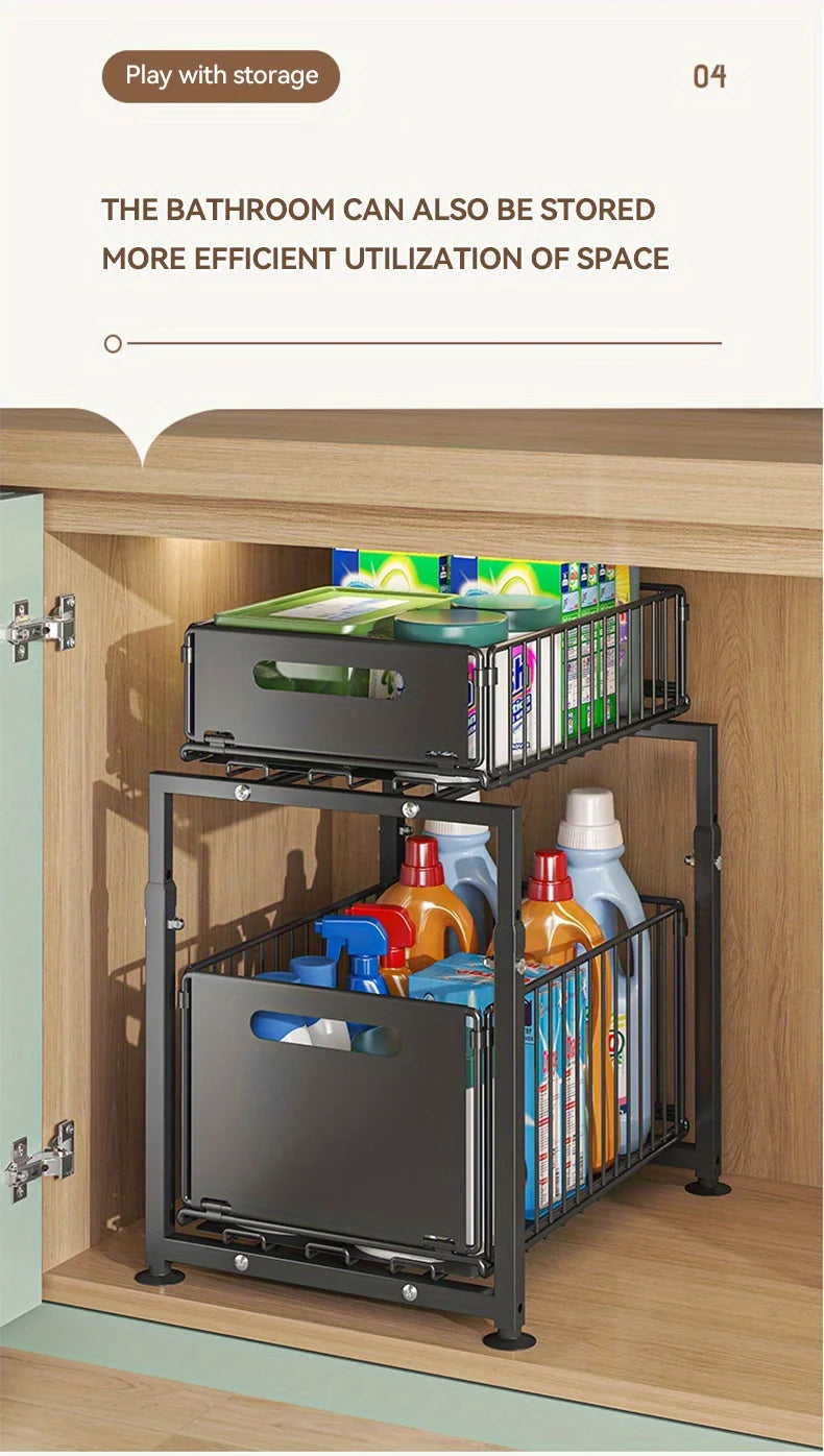 2 Tier Slide Out Cabinet Organizer Heavy Duty, Under Sink Storage Shelf for Kitchen Bathroom, Adjustable Metal Shelf 1/2 Pack