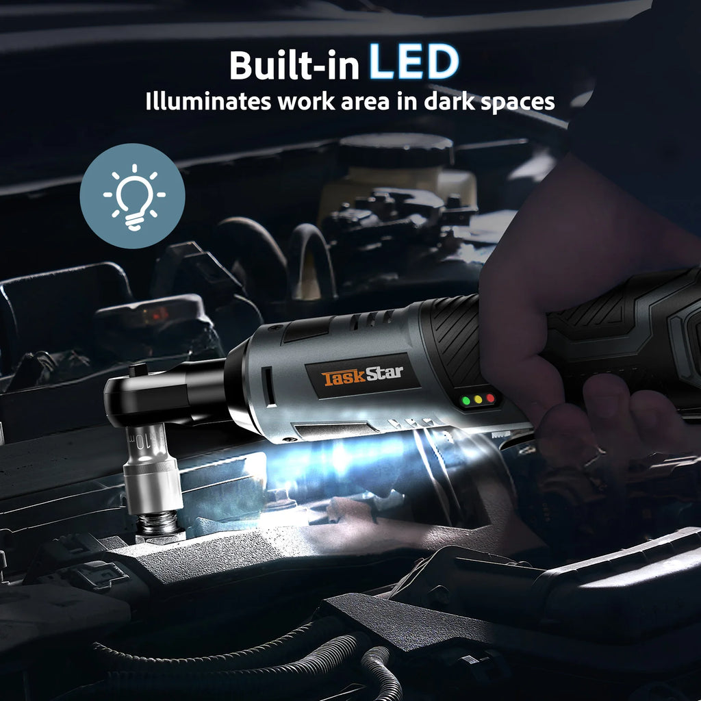 TaskStar Cordless Ratchet Wrench Kit 3/8-inch Ratchet 40N.m(max) Electric Power Angle Wrench with Variable Speed Trigger 0-200 RPM, Handheld Car Disassembly Tool with 2 Packs 2000mAh Lithium-Ion Battery&1 Charger&7 Sockets