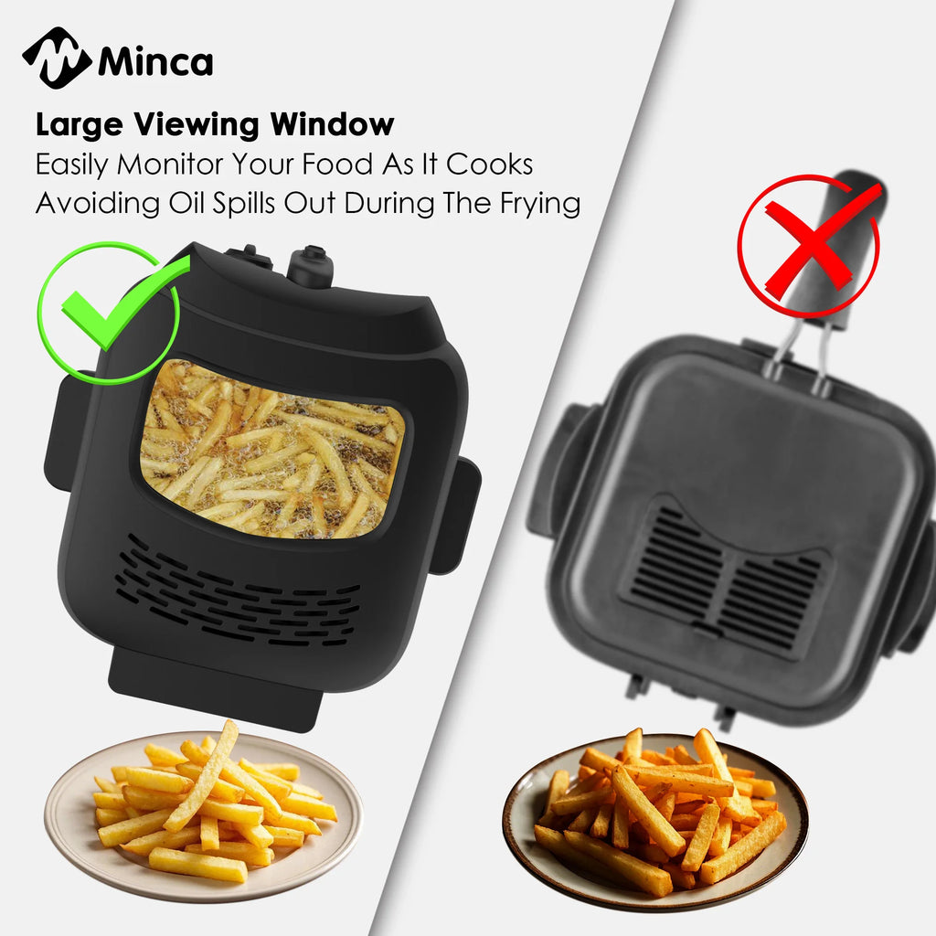 M Minca 2.5L Deep Fryer, 1500W Non-Stick Electric Fryer with Temperature Control, Detachable Lid & Odor Filter, Removable Frying Basket, Non-Slip Base, Easy to Clean, Ideal for Small Families