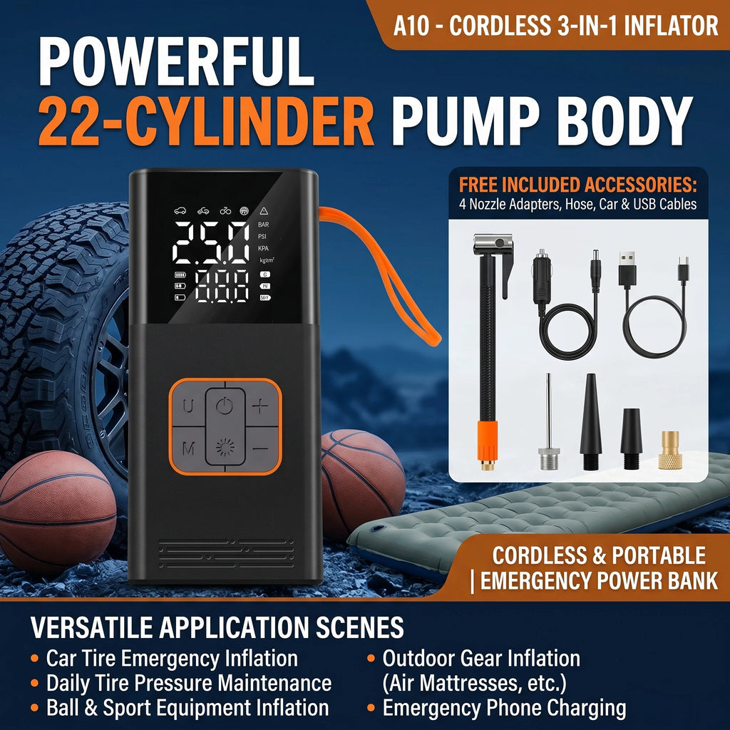 POWNYM Cordless Portable Tire Air Pump, 150PSI Wireless Inflator with Pressure Gauge & LED Light, Multi Adapters, Jump Starter for Auto Bike & Inflatable Balls